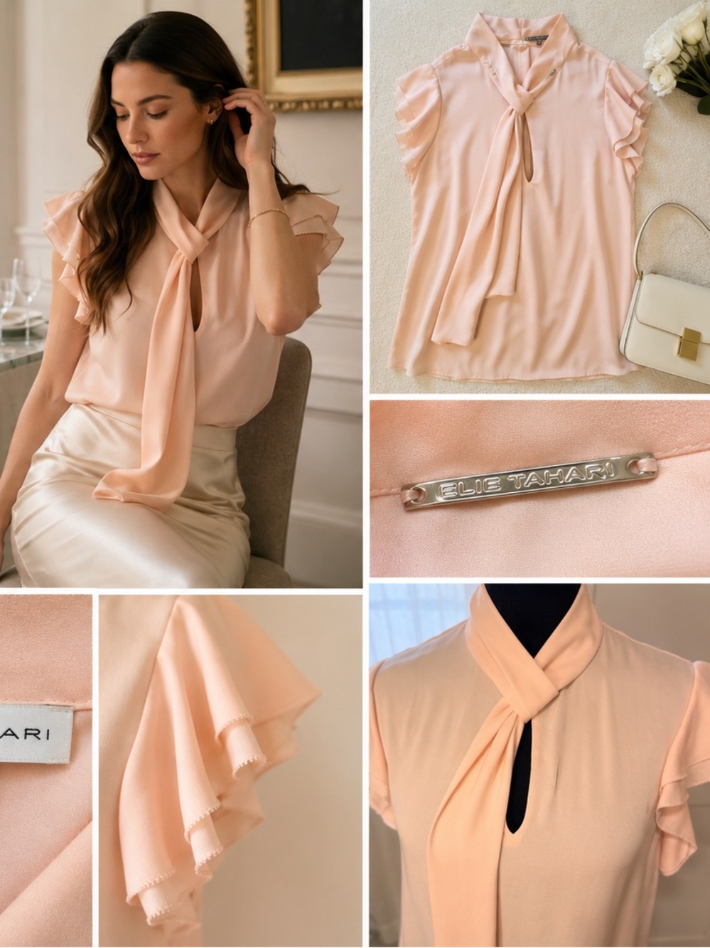 Elie Tahari Pale Pink Tie-Neck Ruffle Sleeve Blouse size small